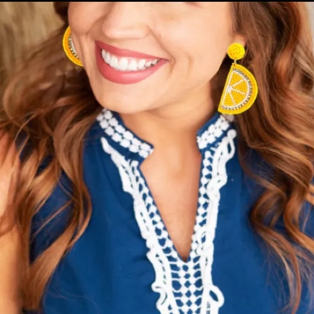 Lemon Earrings Fruit Seed Bead Dangle - Picture 6 of 8